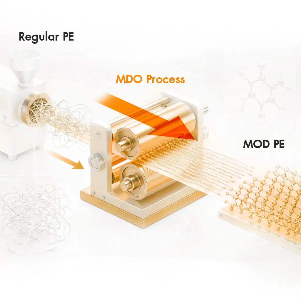 แผนภาพแสดงกระบวนการ MDO (Machine Direction Orientation) ที่ยืดโมเลกุลฟิล์ม Regular PE ให้เรียงตัวกันเพื่อเพิ่มความแข็งแรง